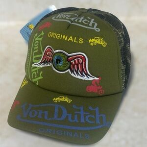 NWT Vintage Y2K Von Dutch Flying Eyes Olive Green Trucker Hat OSFA